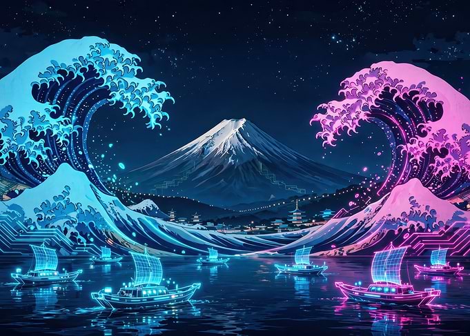 Cyberpunk Great Wave and Mount Fuji