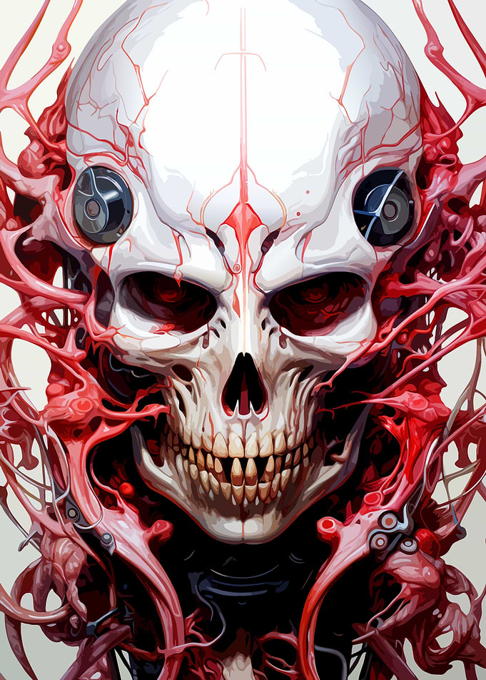Biomechanical Skull with Red Tendrils