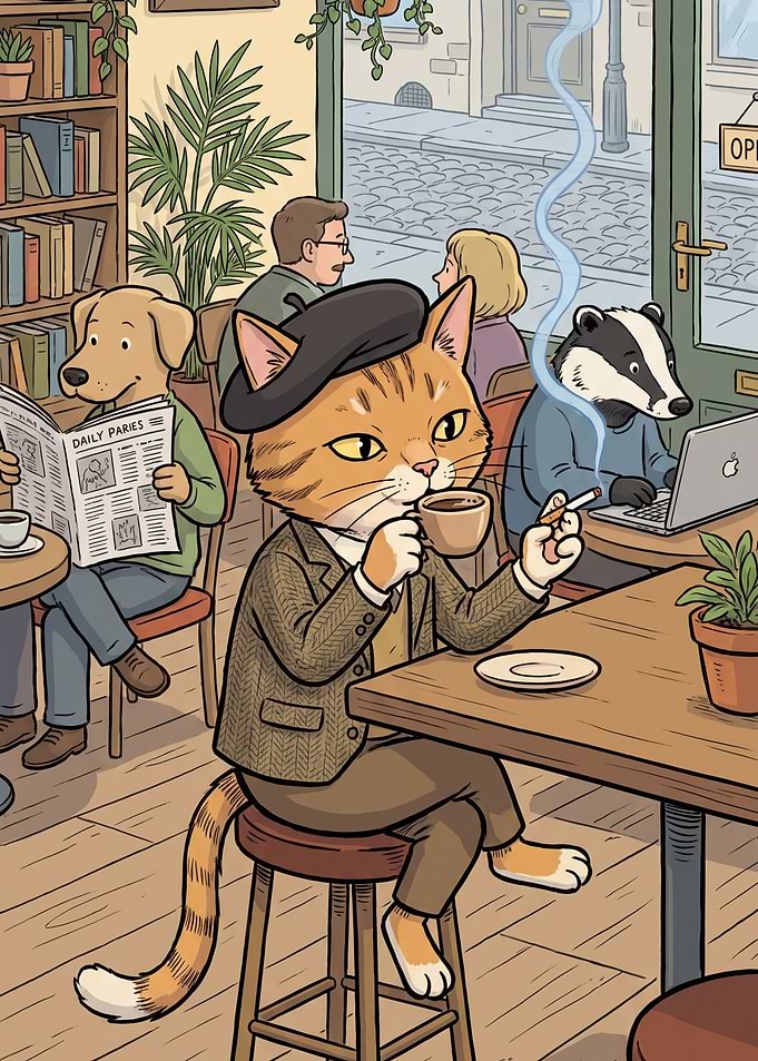 Sophisticated Cat in a Parisian Cafe