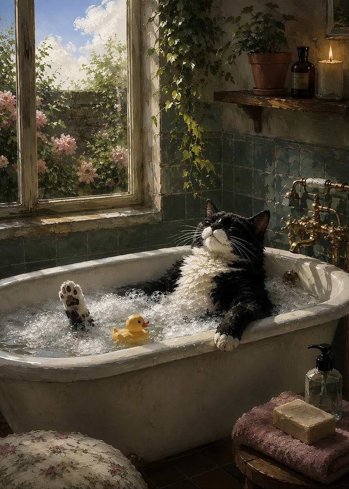 Relaxed Cat Taking a Bubble Bath