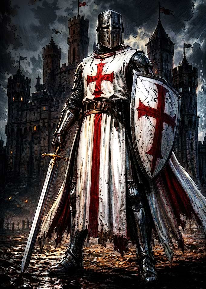 Crusader Knight Standing Before Castle