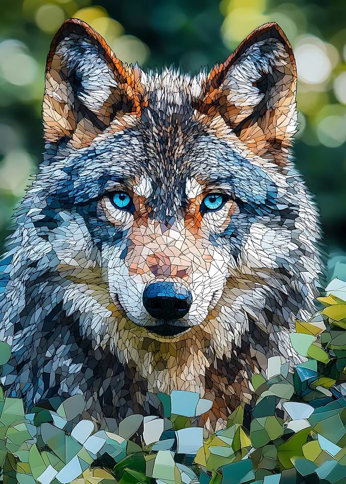 Stained Glass Mosaic Wolf Portrait