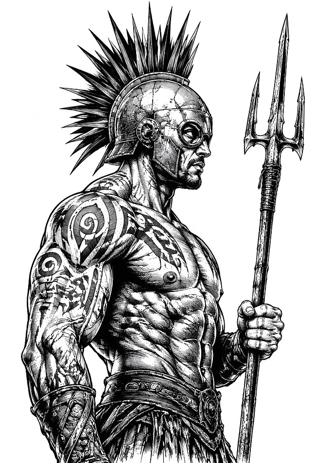 Muscular Warrior with Trident and Helmet