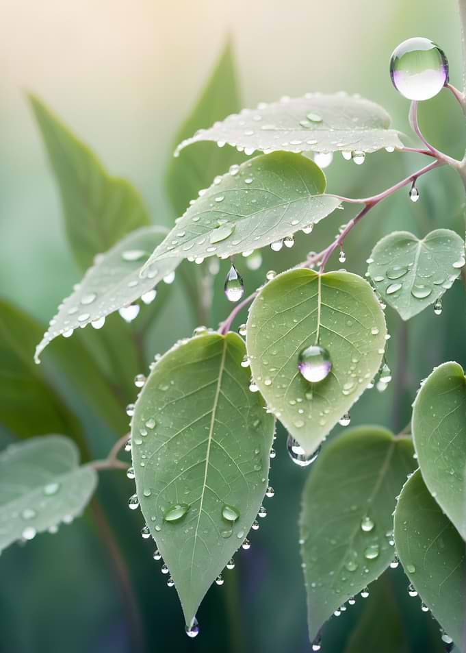 Dew Drops on Fresh Green Leaves