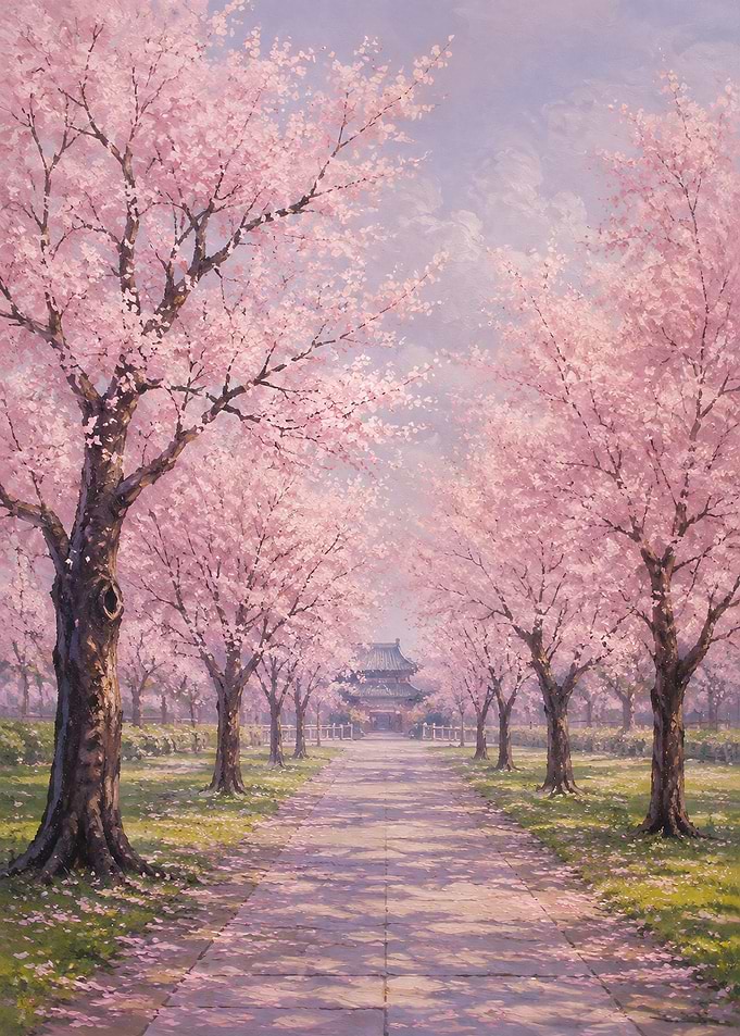 Cherry Blossom Path to Temple