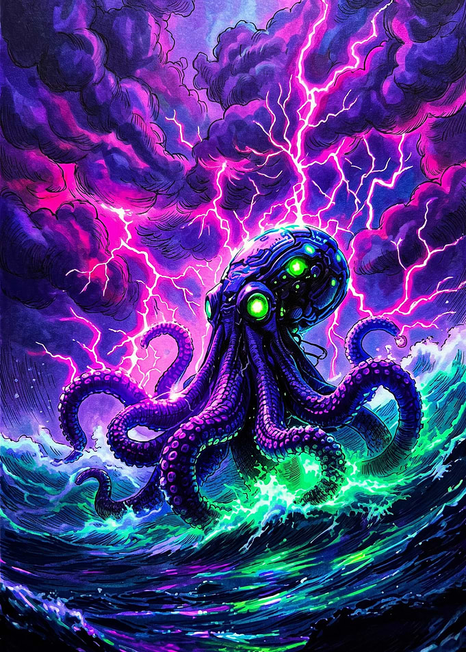 Cybernetic Kraken in Stormy Sea