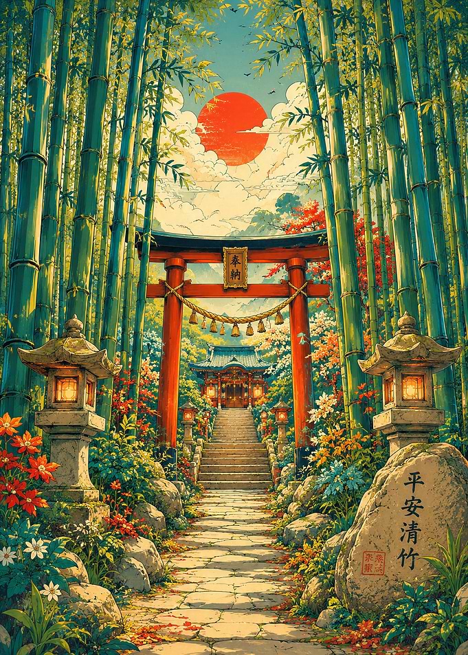Japanese Bamboo Forest Temple Path