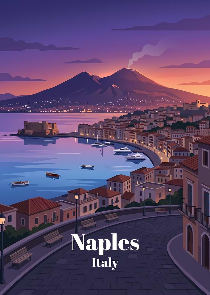 Naples Italy Sunset Travel Poster