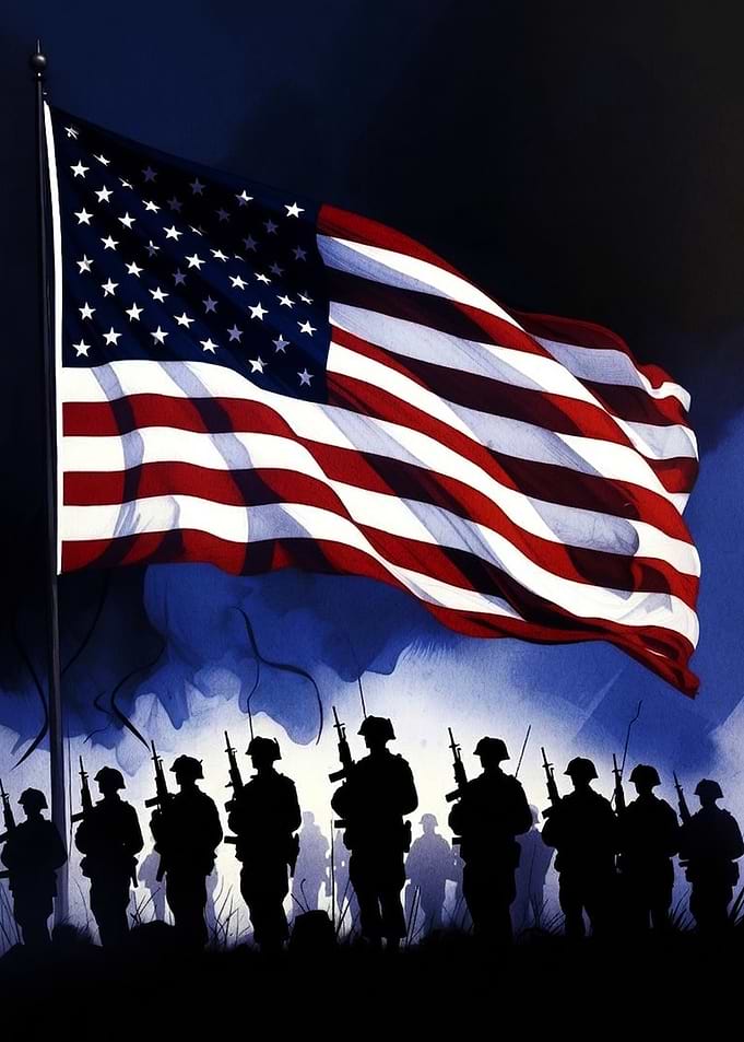 American Soldiers Beneath Waving Flag