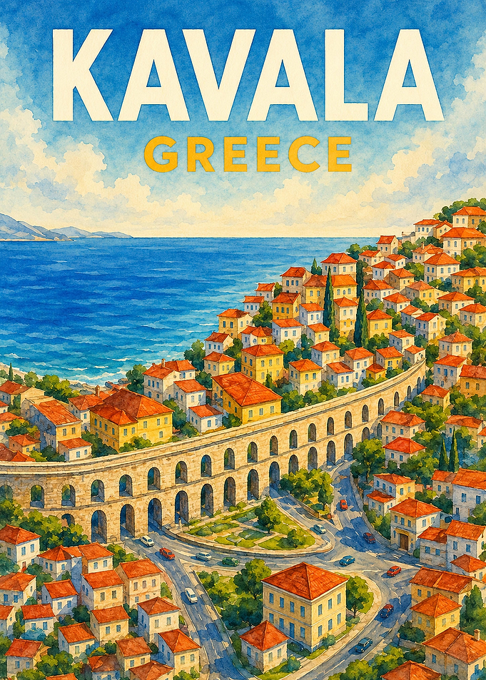 Kavala Greece Vintage Travel Poster | Watercolor Aqueduct Coastal City Wall Art