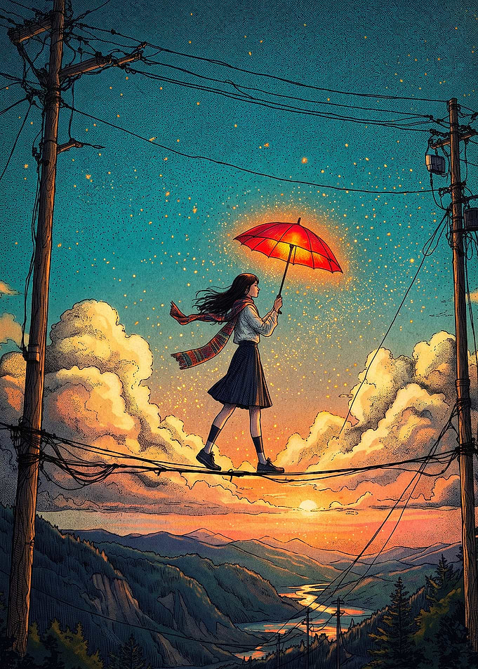 Girl Walking on Power Lines