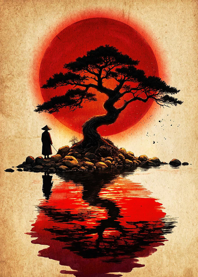 Samurai and Bonsai Under Red Sun