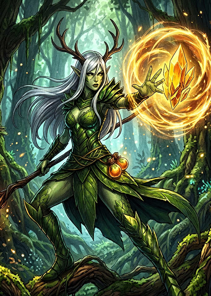 Elven Druid Casting Magic Spell