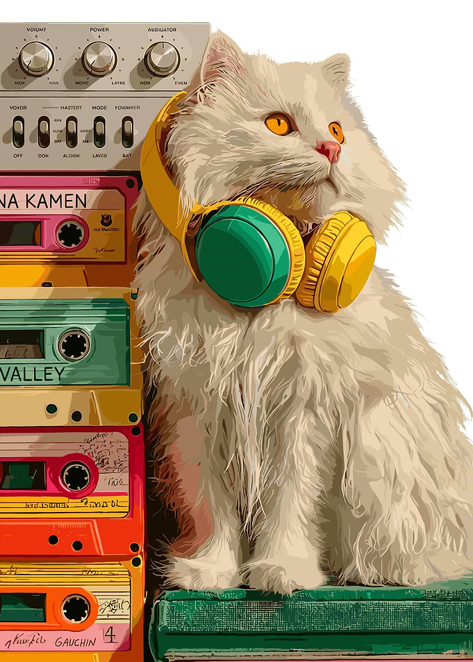 Fluffy Cat Listening to Retro Music