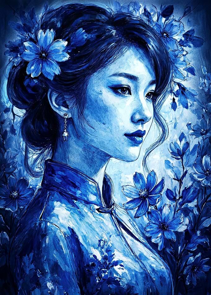 Blue Monochrome Portrait with Floral Accents