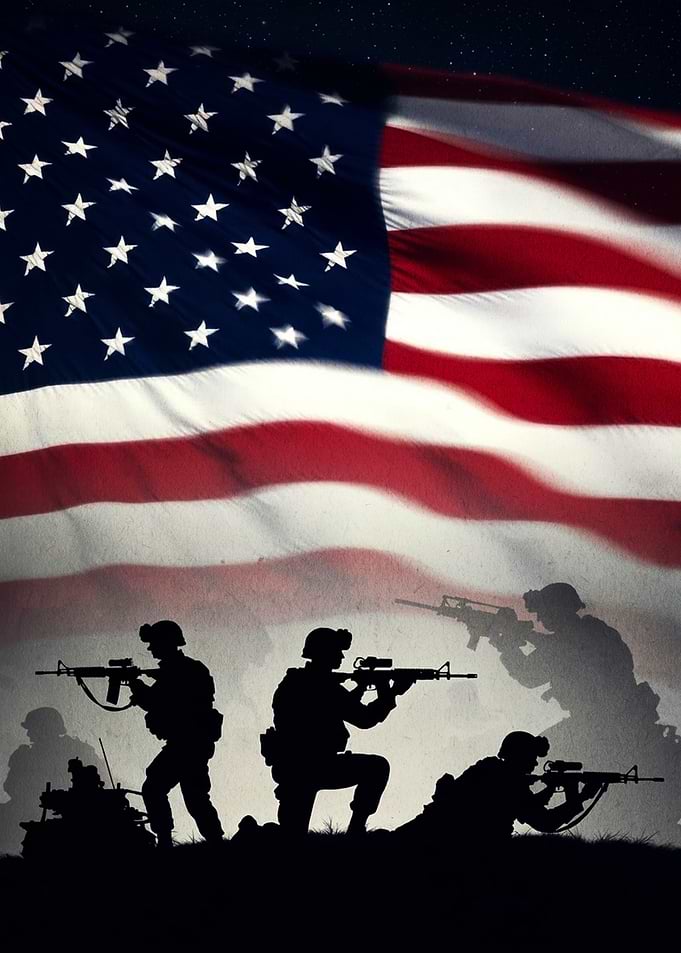 US Soldiers Silhouette with American Flag