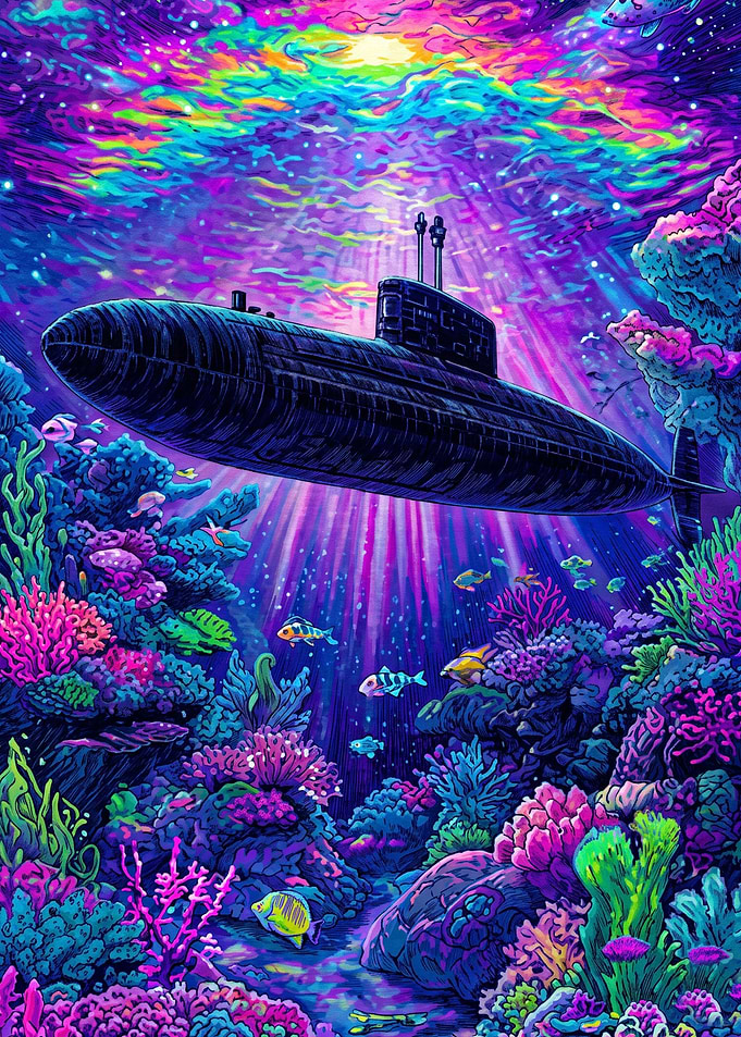 Psychedelic Submarine in Vibrant Reef