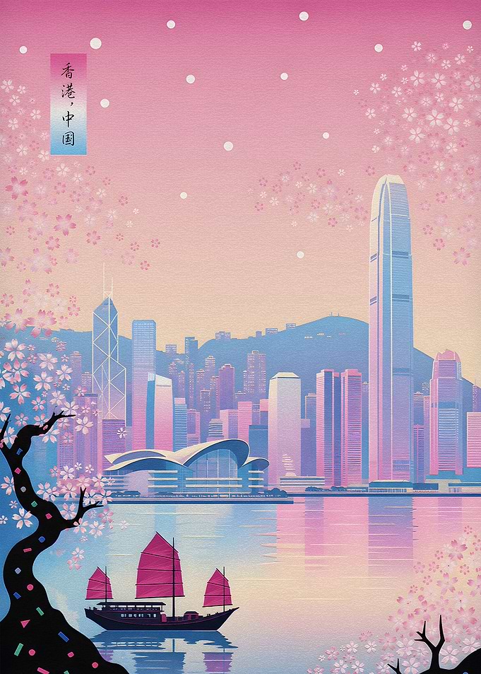 Hong Kong Skyline Cherry Blossom Art