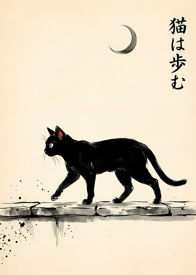 Black Cat Walking Under Crescent Moon