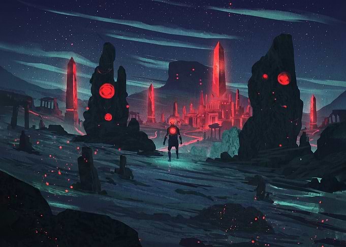 Lone Traveler in Red Glowing Ruins