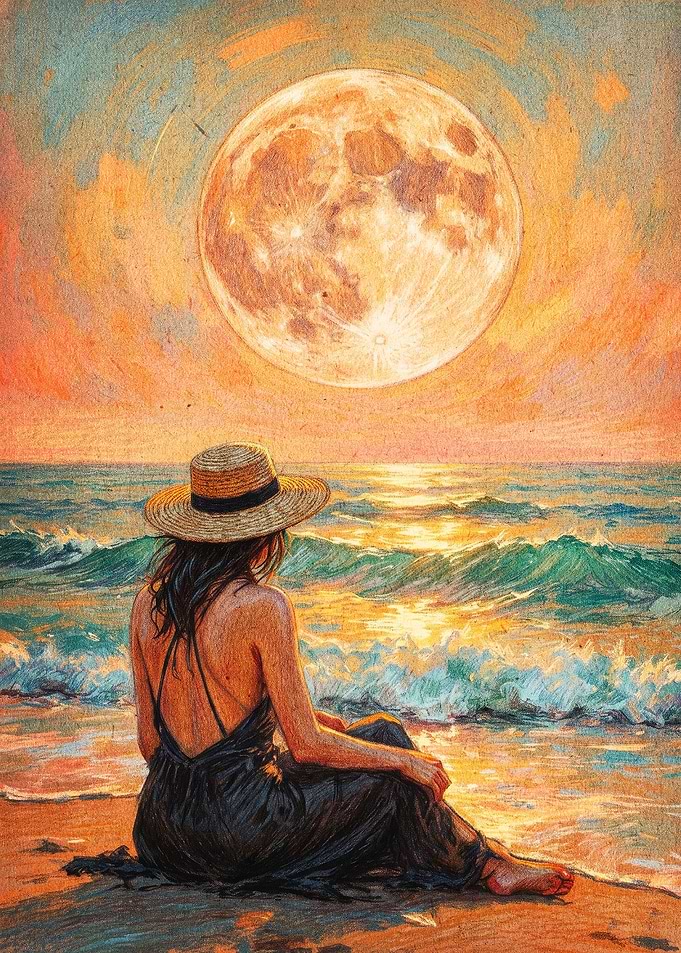 Woman Watching Full Moon at Beach