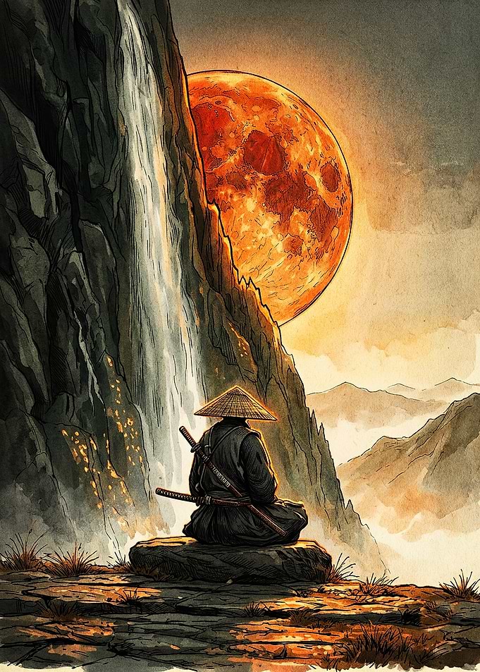 Samurai Meditating Under Blood Moon