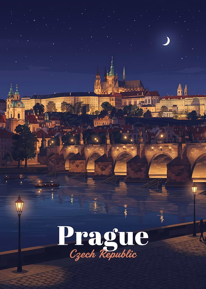 Prague Night Cityscape Travel Poster