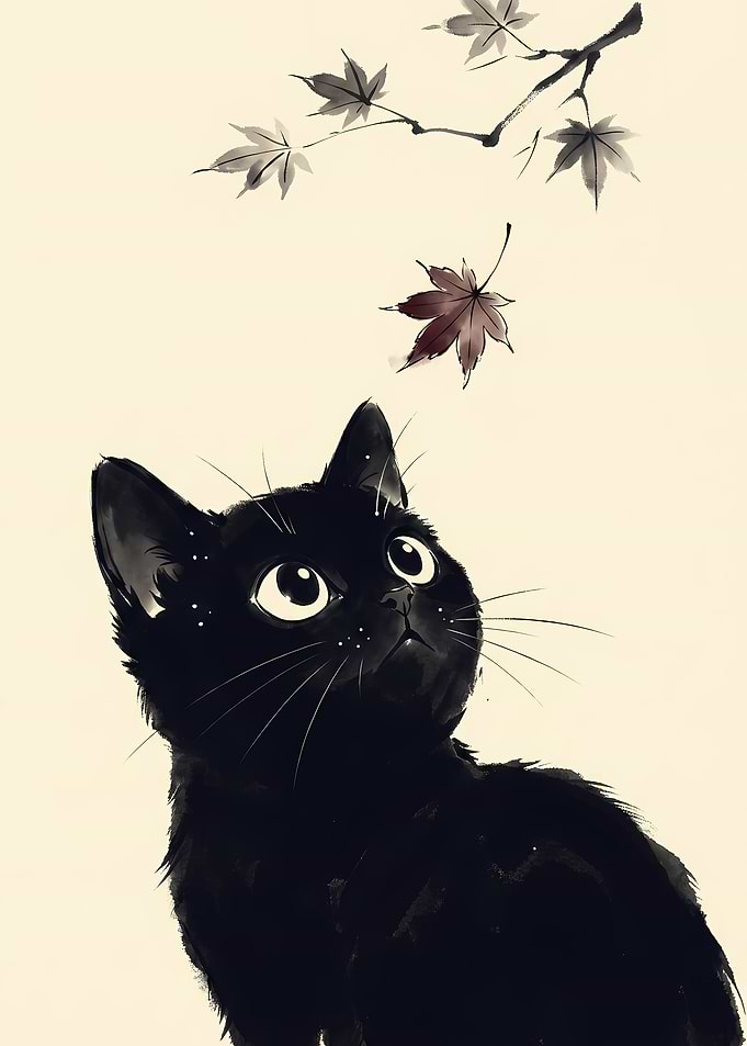 Black Cat Watching Falling Maple Leaf
