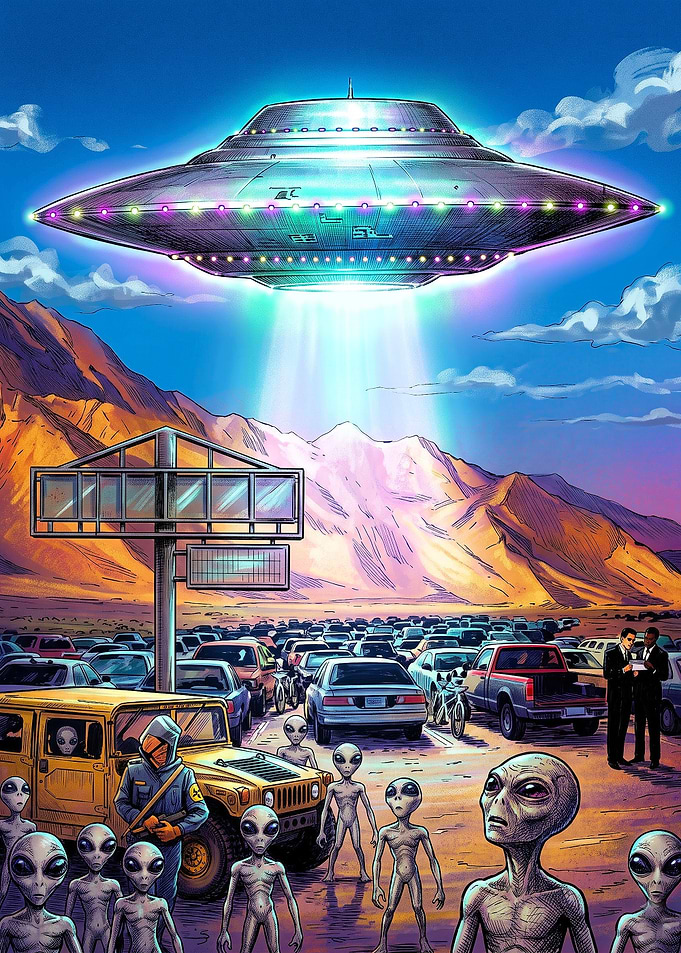 Aliens Landing in Desert Traffic Jam