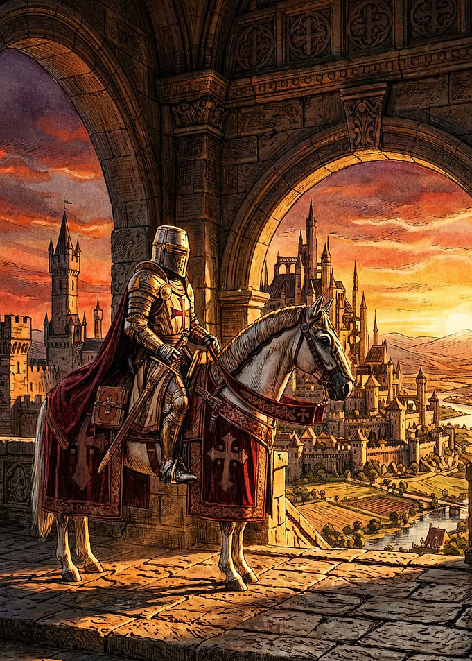 Crusader Knight on Horseback at Sunset
