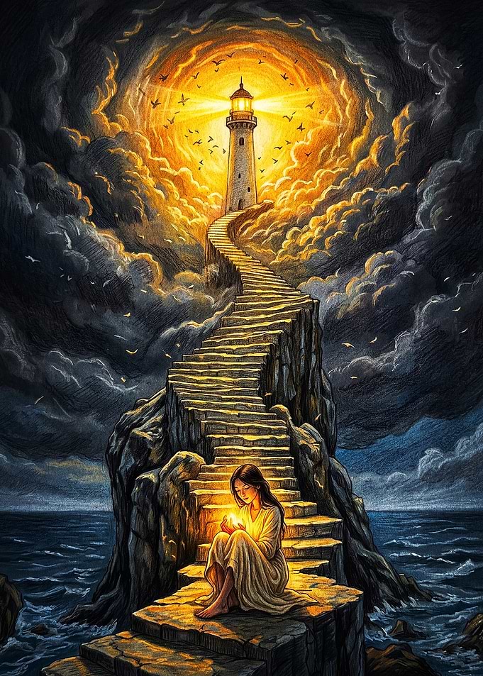 Woman Sitting on Stairway to Lighthouse