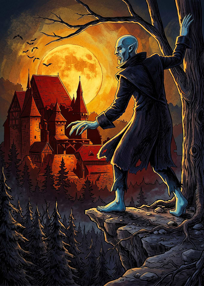 Nosferatu Vampire Overlooking Gothic Castle