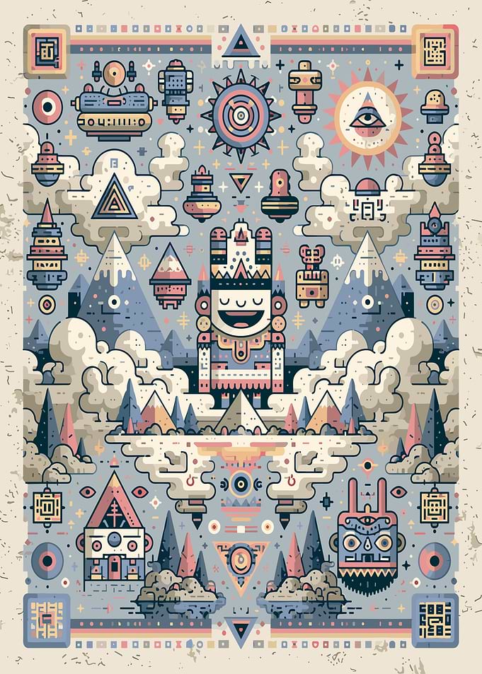 Whimsical Geometric Aztec Inspired Illustration