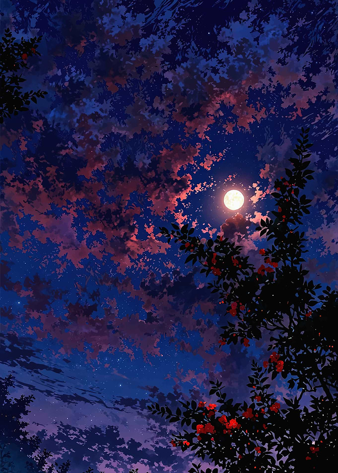 Full Moon Over Flowering Night Sky