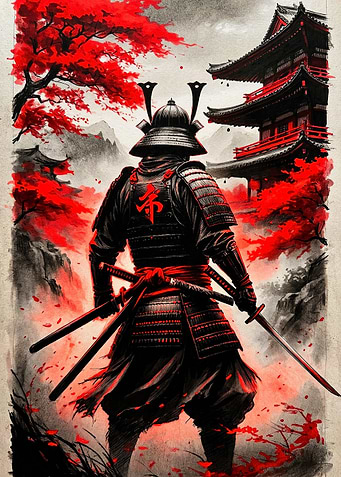 Samurai Warrior with Red Maple Trees