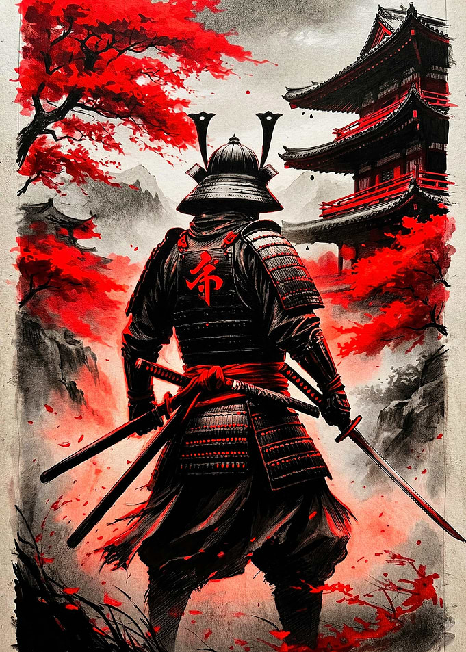 Samurai Warrior with Red Maple Trees