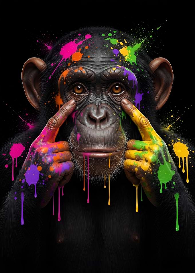Colorful Paint Splattered Chimpanzee Monkey Portrait
