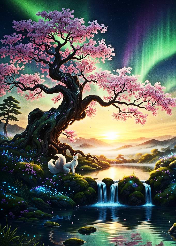 Mystical Fox Under Cherry Blossom Tree