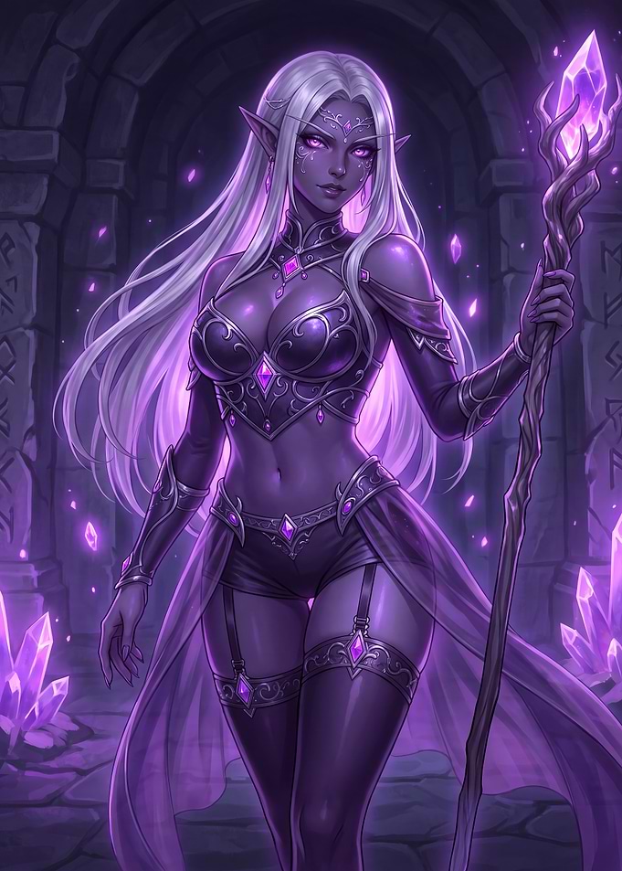 Dark Elf Sorceress with Purple Crystals