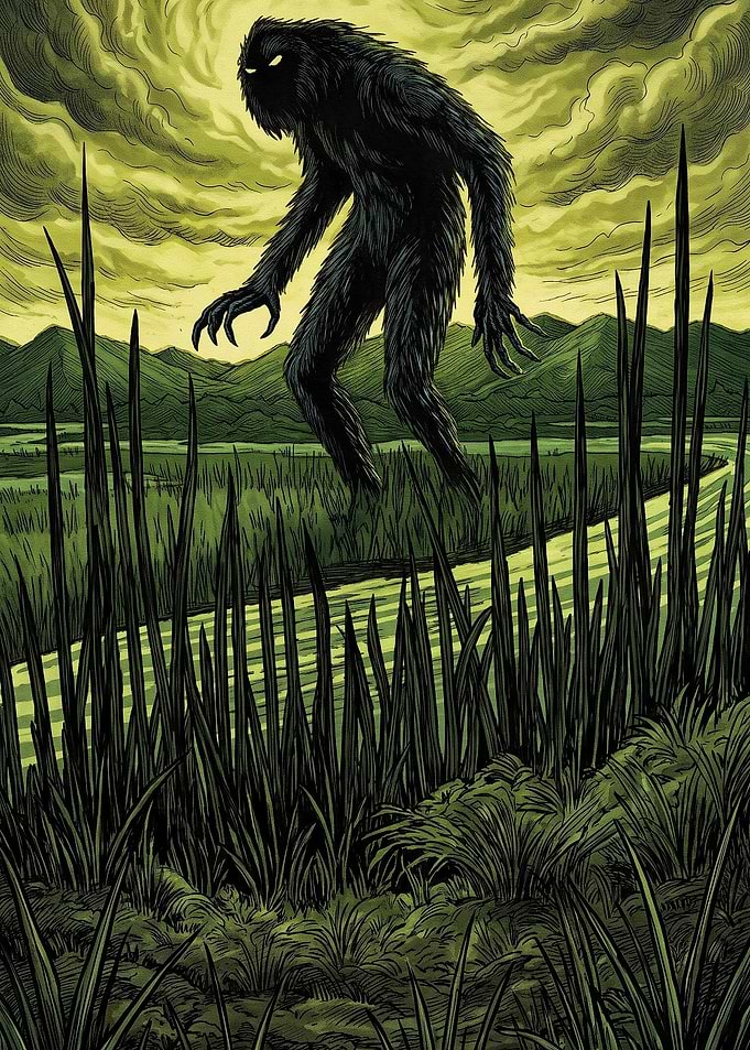 Bigfoot Stalking Through Marshy Landscape