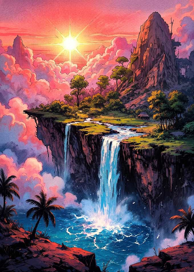 Floating Island Waterfall at Sunset