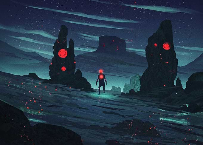 Lone Traveler in Alien Landscape