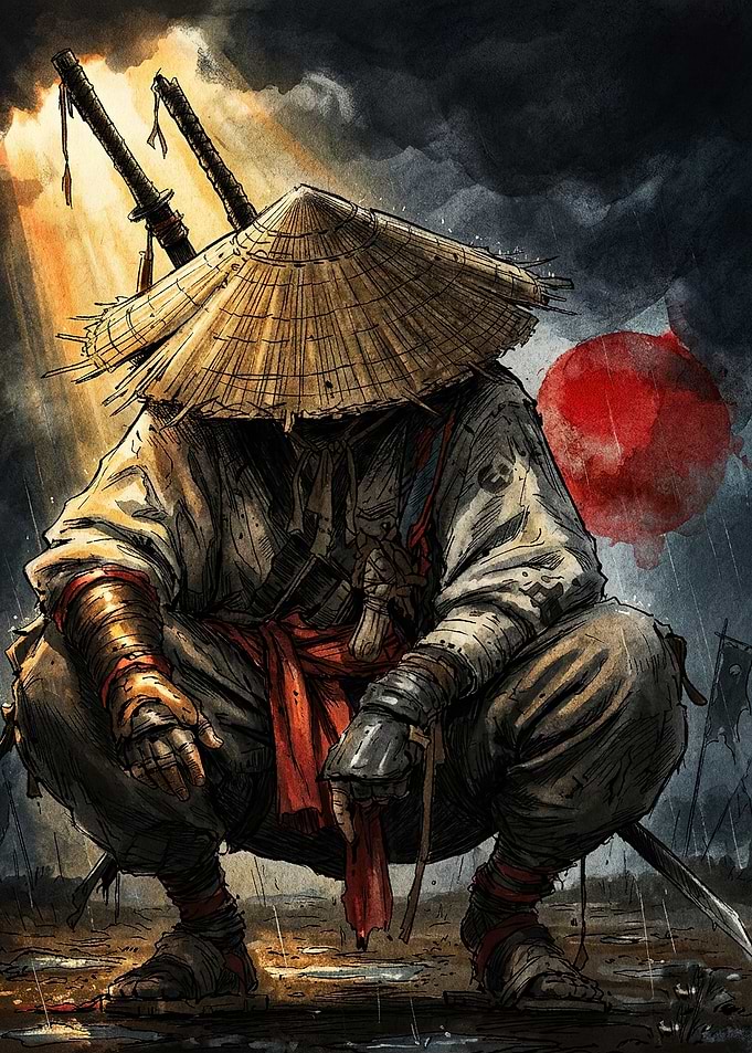 Crouching Samurai in the Rain