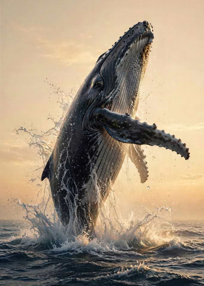 Humpback Whale Breaching at Sunset