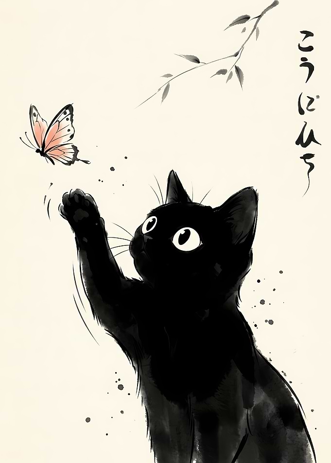 Black Cat Reaching for Butterfly