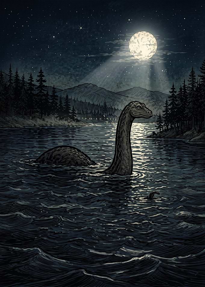 Loch Ness Monster Under Moonlight