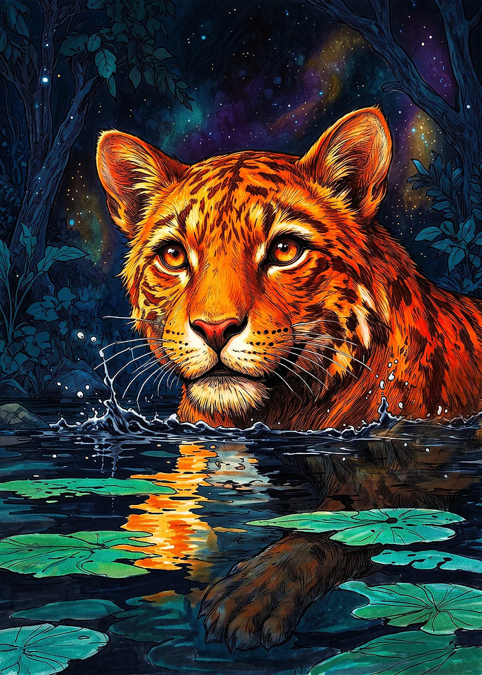 Vibrant Tiger in Cosmic Pond