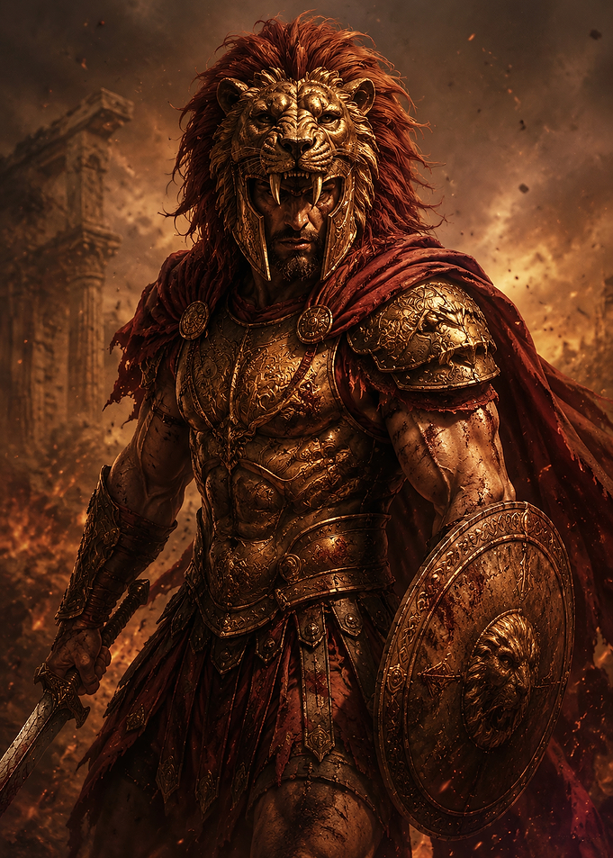 Lion-Headed Spartan Warrior in Battle