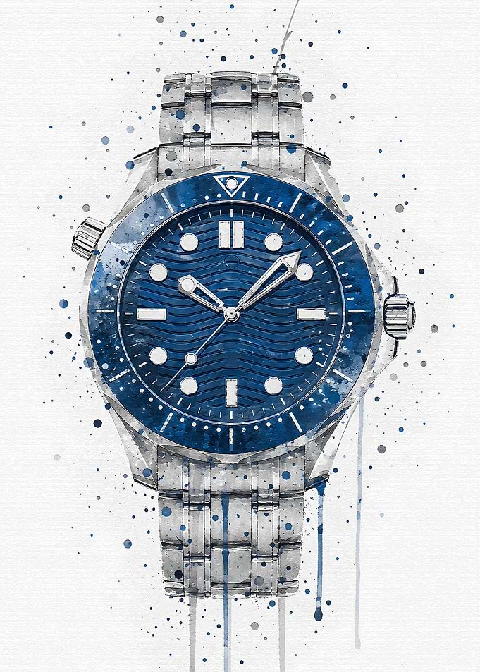 Watercolor Blue Diver Watch Illustration
