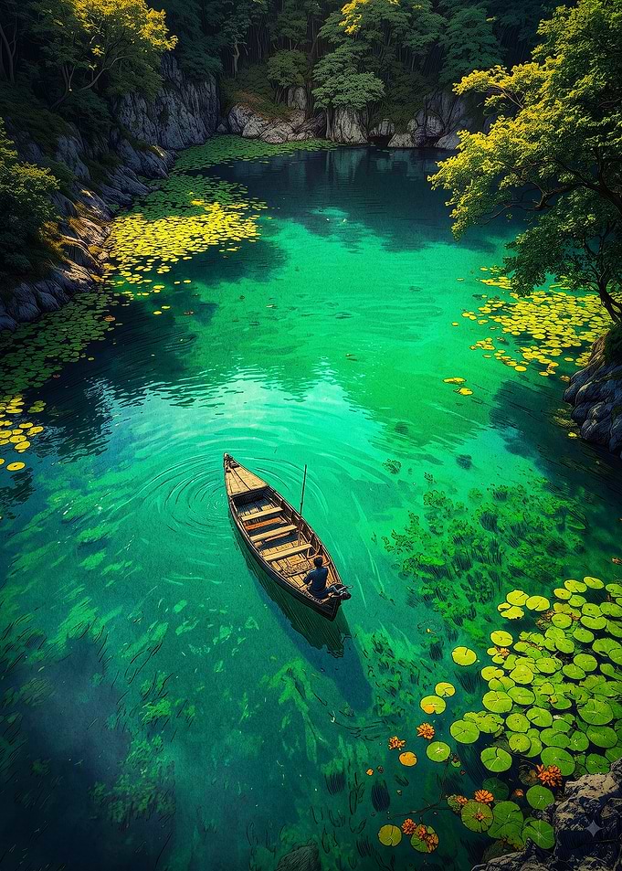 Lone Boat on Emerald Pond